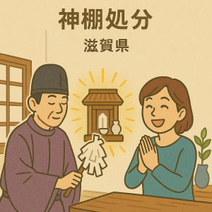 神棚を神社の神主様が魂抜きしているところ。持ち主の女性は喜んでいる。