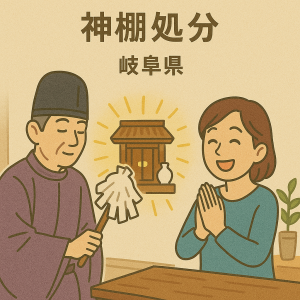 神社の神主が神棚の魂抜きを行い、依頼者の女性が安心して喜んでいる様子（岐阜県の神棚処分イメージ）