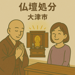 当店の仏壇処分サービスのイメージ。僧侶が仏壇を供養しており、依頼者の女性は安心した表情を浮かべている