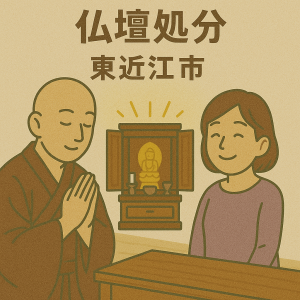 当店の仏壇処分サービスのイメージ。僧侶が仏壇を供養しており、持ち主の女性は穏やかな表情を浮かべている。
