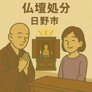 当店が日野市で行う仏壇処分イメージ。僧侶が仏壇を供養しており、持ち主の女性は穏やかな表情を浮かべている