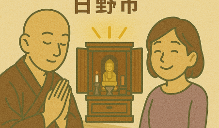 当店が日野市で行う仏壇処分イメージ。僧侶が仏壇を供養しており、持ち主の女性は穏やかな表情を浮かべている