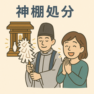 神棚の前で神主様が供養の儀式を執り行っている。女性はきちんと神棚を捨てる作業を終えられて喜んでいる。