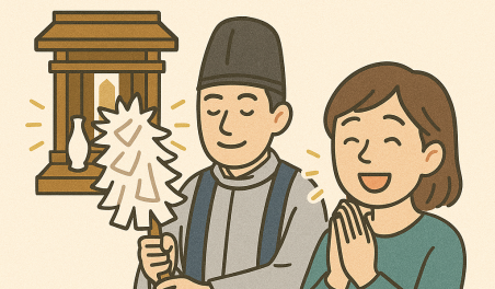 神棚の前で神主様がお祓いしている。女性はきちんと神棚を捨てる作業を終えられて喜んでいる。