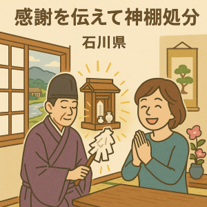 神主様が神棚を供養する儀式を執り行っている。神棚の持ち主の女性は、処分する気持ちを昇華でき喜ぶ