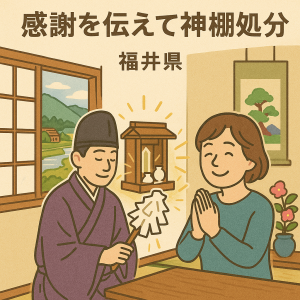 神主様が神棚を供養する儀式を執り行っている。神棚の持ち主の女性は、安心した表情を浮かべている。