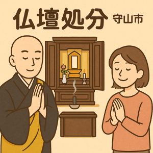 当店の守山市での仏壇処分サービスのイメージ。僧侶が仏壇供養を行い、女性は穏やかな表情を浮かべている。