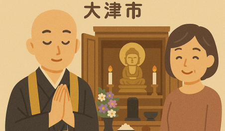 当店の大津市での仏壇処分のイメージ。僧侶が仏壇供養を行い、女性は穏やかな表情を浮かべている。