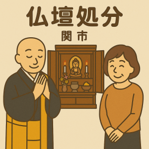 当店の関市での仏壇処分のイメージ。僧侶が仏壇供養を行い、女性は穏やかな表情を浮かべている。