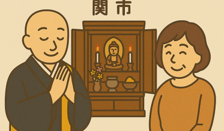 当店の関市での仏壇処分のイメージ。僧侶が仏壇供養を行い、女性は穏やかな表情を浮かべている。