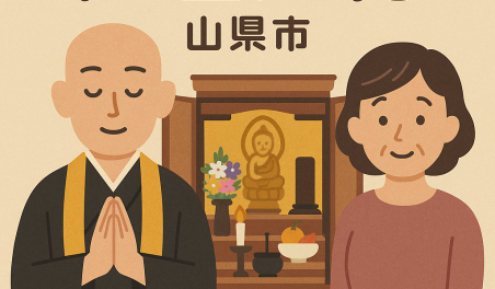 当店の山県市での仏壇処分のイメージ。僧侶が仏壇供養を行い、女性は穏やかな表情を浮かべている。